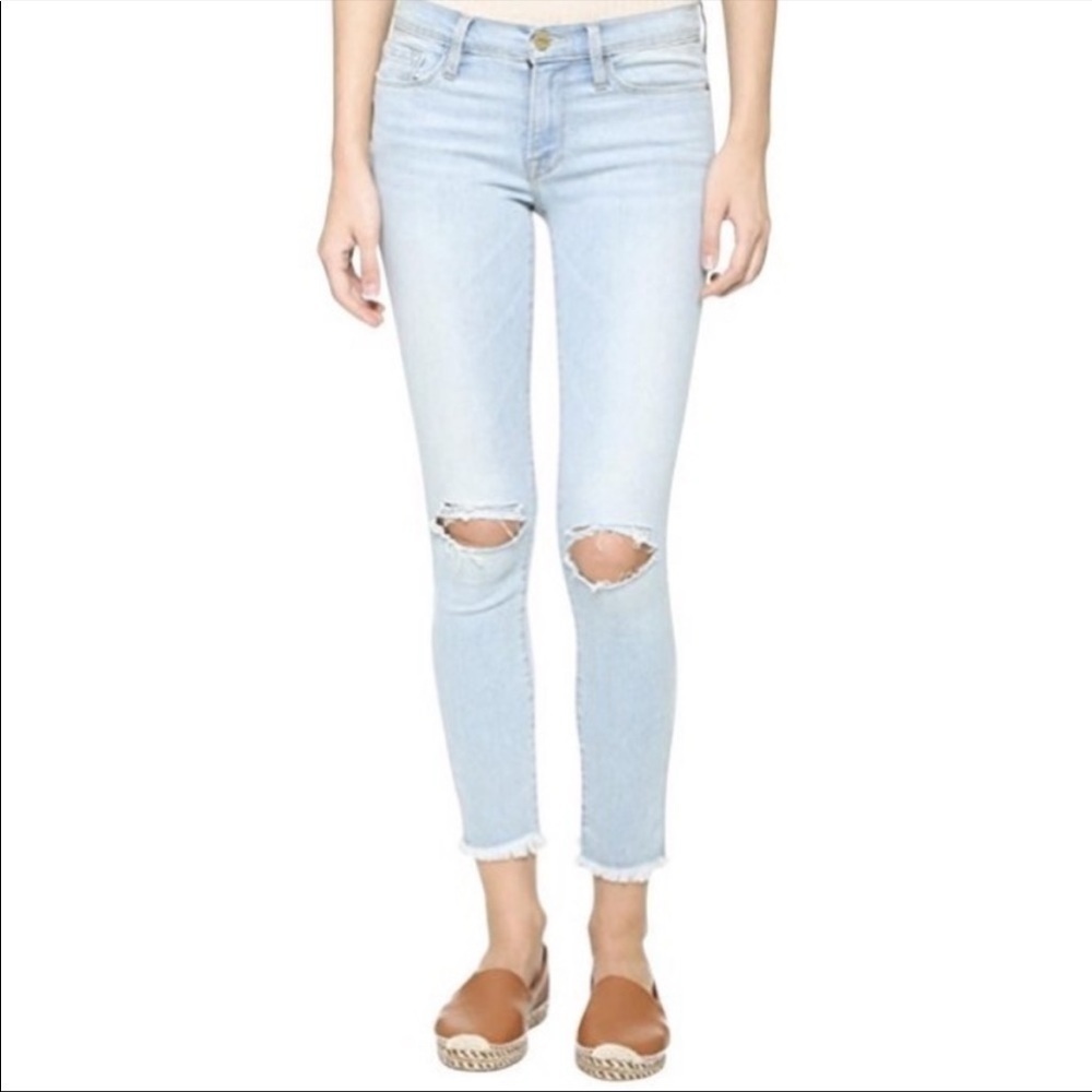 Frame Le Skinny De Jeanne Crop Distressed Honeywood Raw Hem Denim Jeans